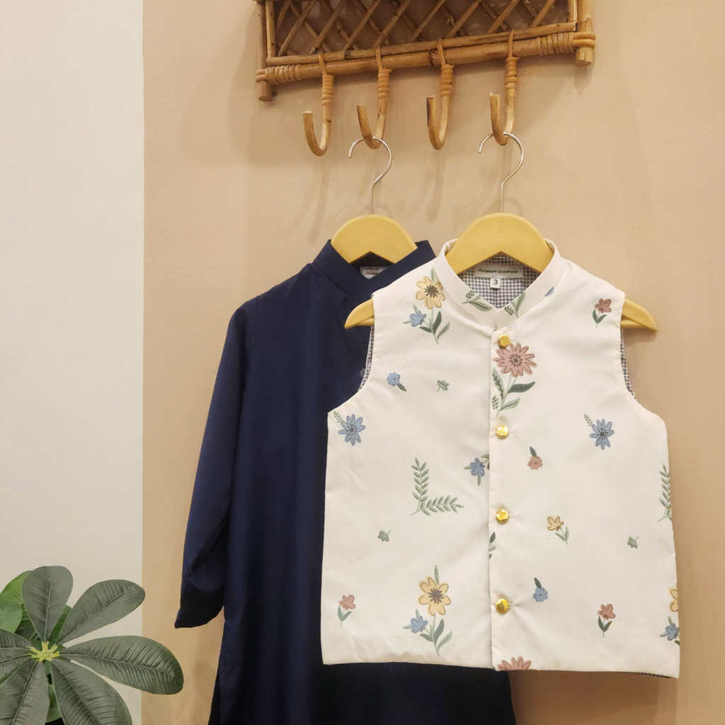 Ivory Garden Waistcoat with Navy Blue Kurta Trouser