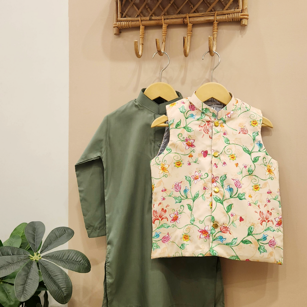 Floral Drift Waistcoat with Sage Green Kurta with White Trouser