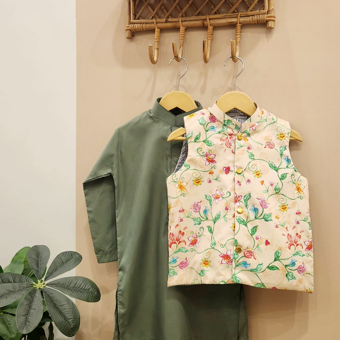 Floral Drift Waistcoat with Sage Green Kurta with White Trouser