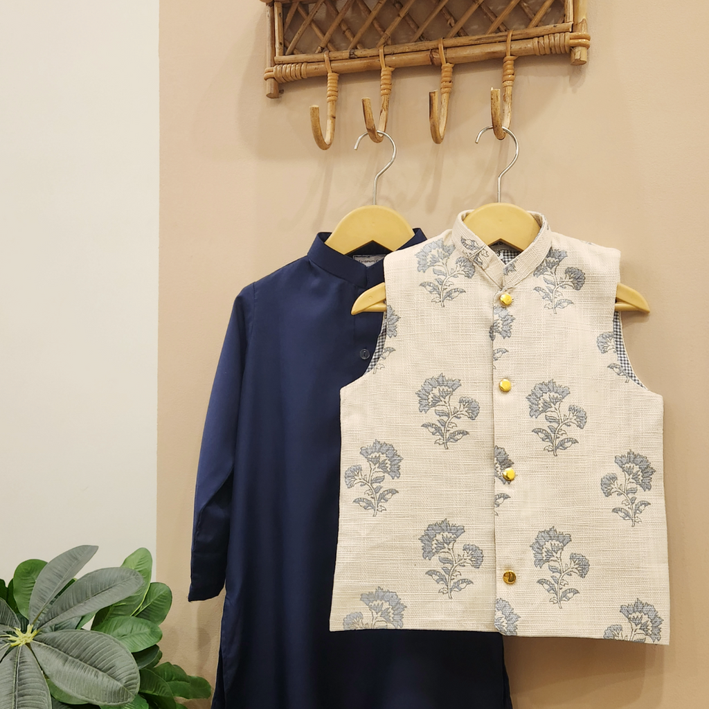 Azure Bloom Heritage Waistcoat with Navy Blue Kurta Trouser