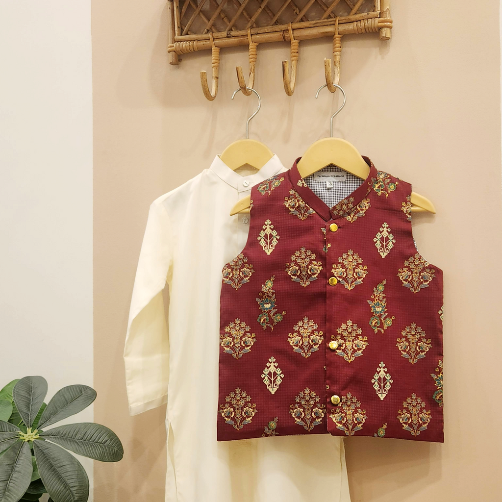 Royal Maroon Waistcoat with Cream Kurta Trouser