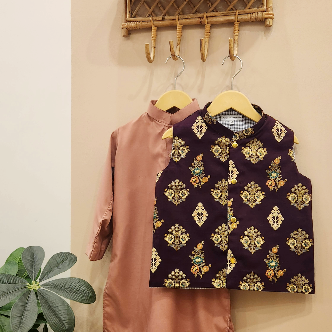 Plum Heritage Waistcoat with Blush Pink Kurta and White Trouser