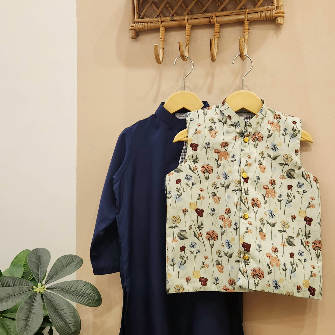 Garden Blossom Waistcoat and Navy Blue Kurta with White Trouser