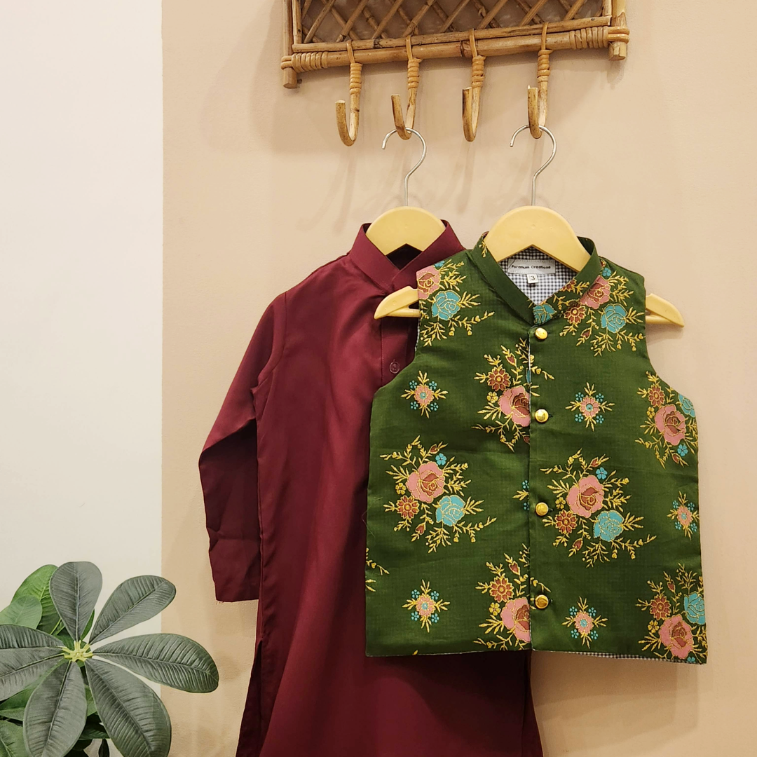 Emerald Blossom Waistcoat with Maroon Kurta and White Trouser