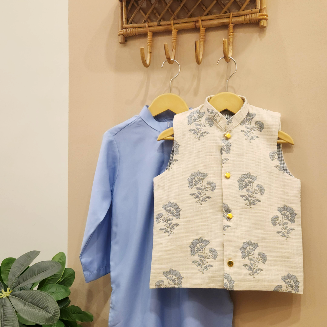Azure Bloom Heritage waistcoat with Pastel Blue Kurta and White Trouser