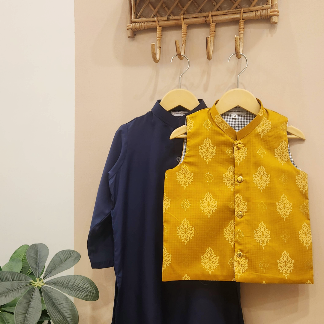 Gold Regal Waistcoat and Navy Blue Kurta with White Trouser