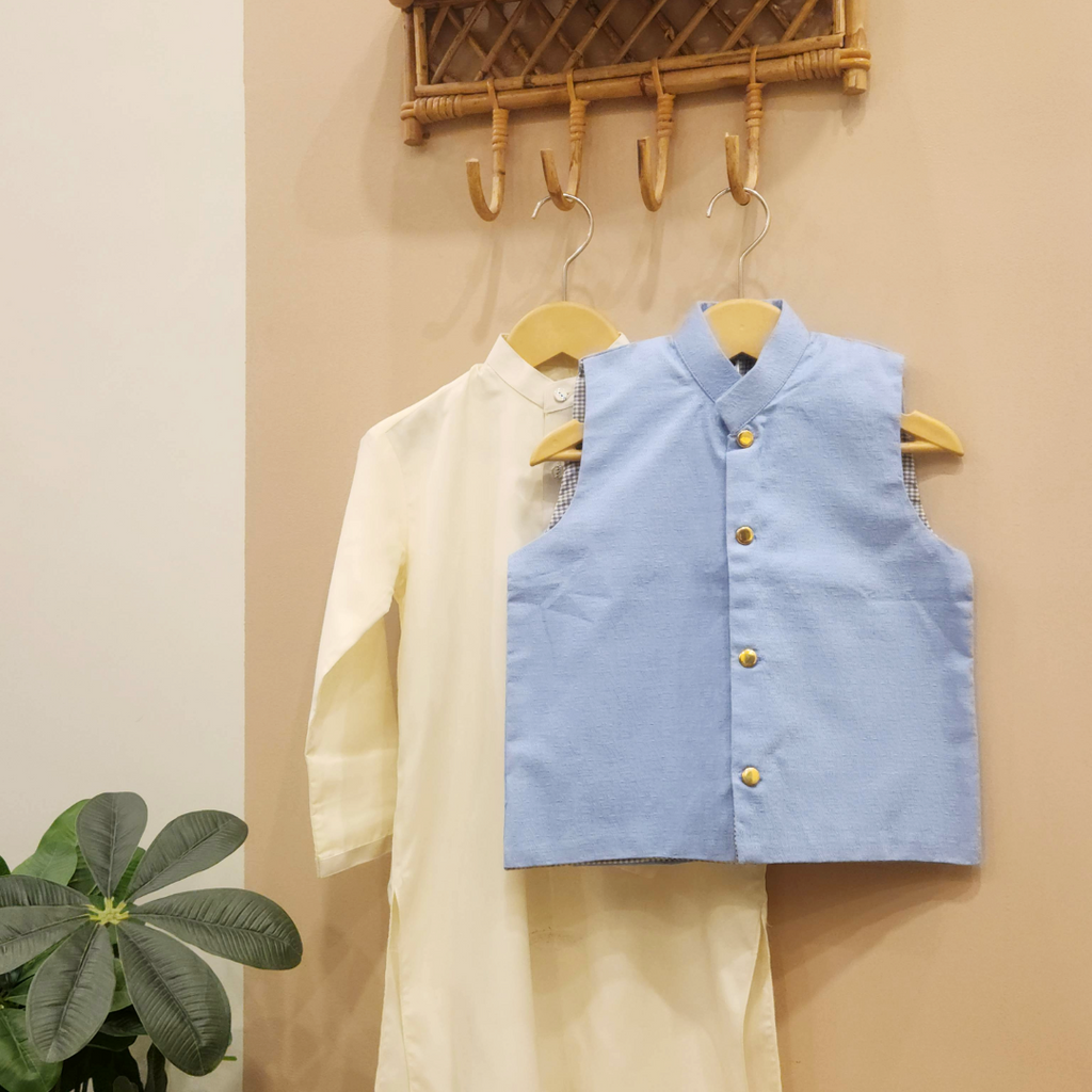 Sky Blue Waistcoat with Cream Kurta Trouser