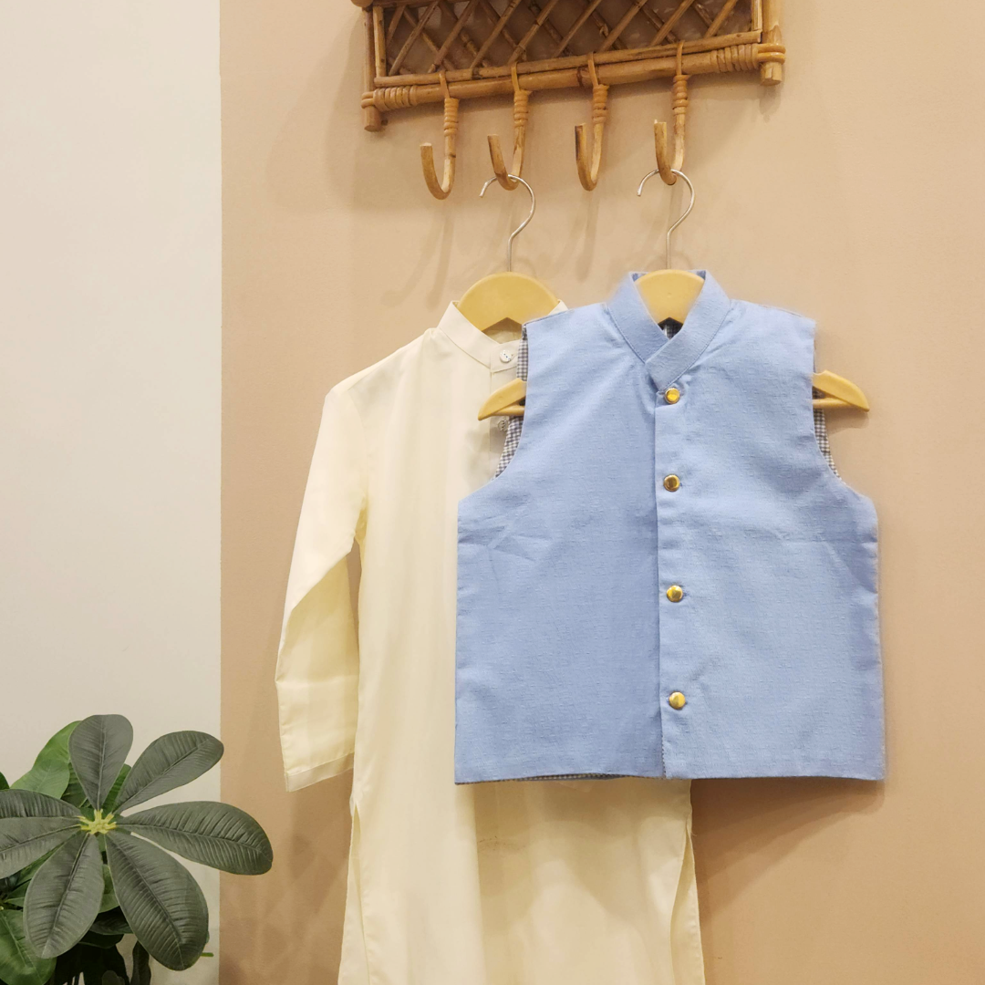 Sky Blue Waistcoat with Cream Kurta Trouser