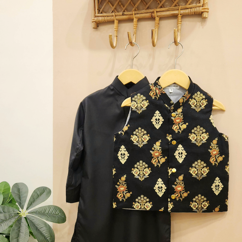 Midnight Heritage Waistcoat with Black Cotton Kurta Trouser