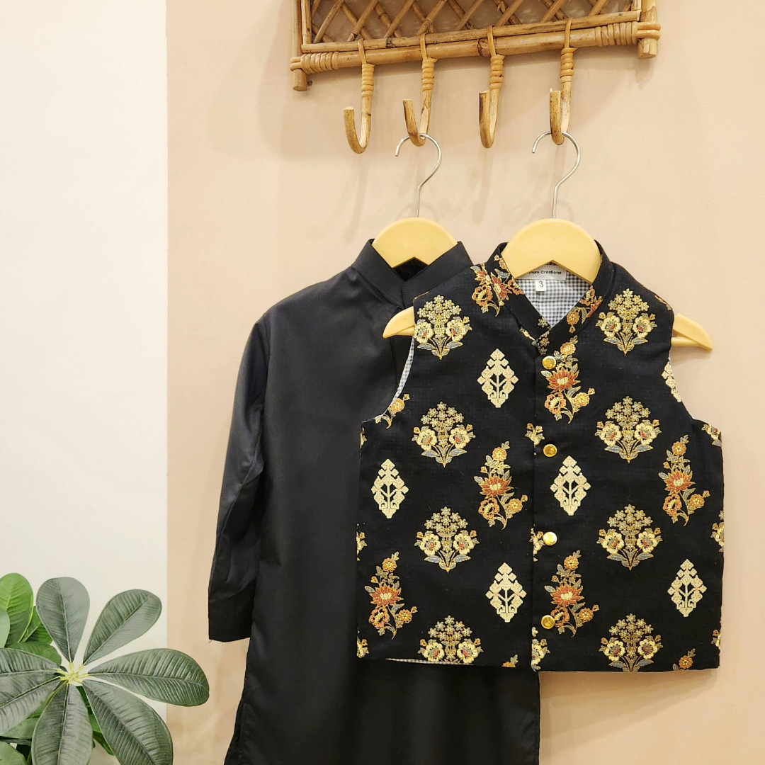 Midnight Heritage Waistcoat with Black Cotton Kurta Trouser