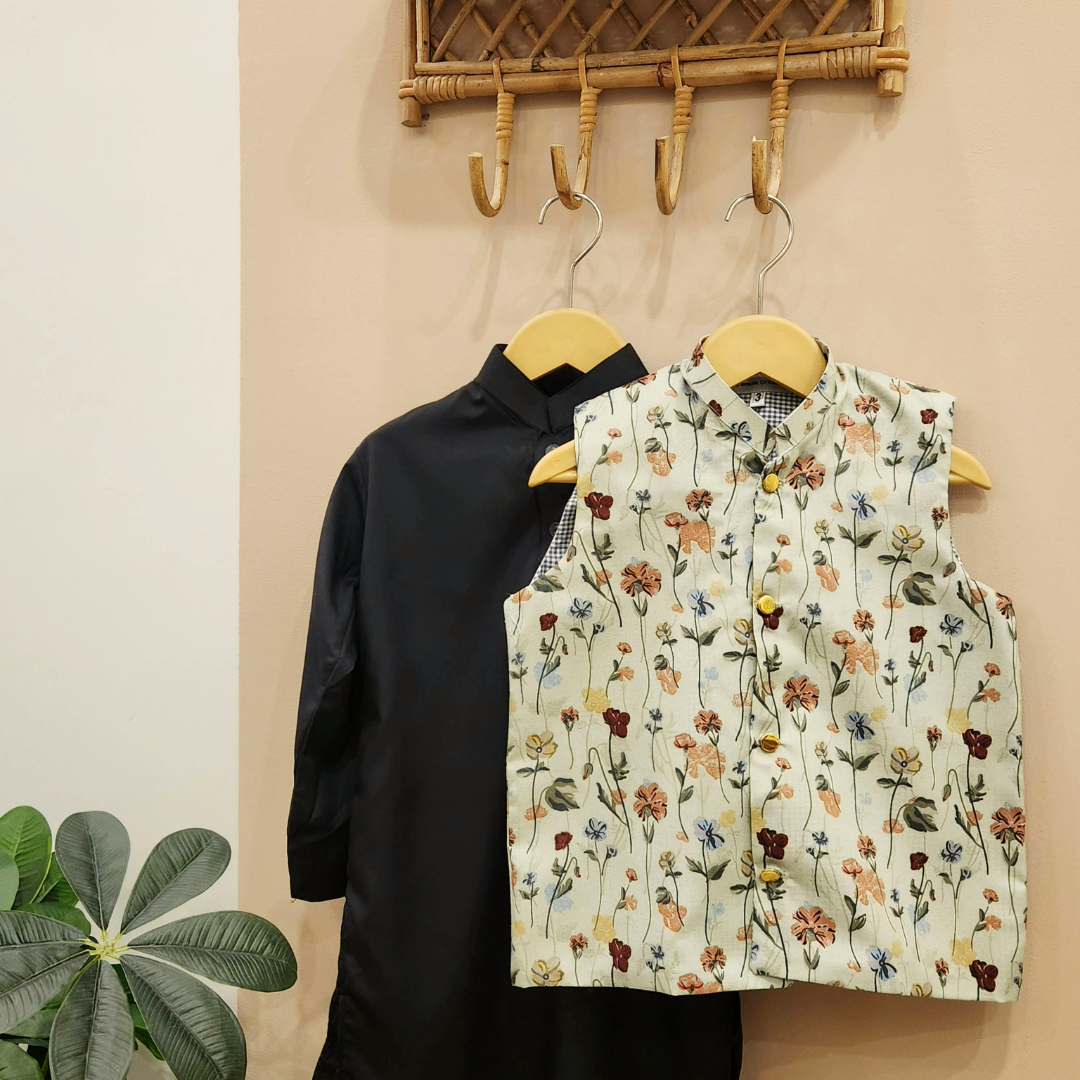 Garden Bloom Waistcoat with black Kurta Trouser
