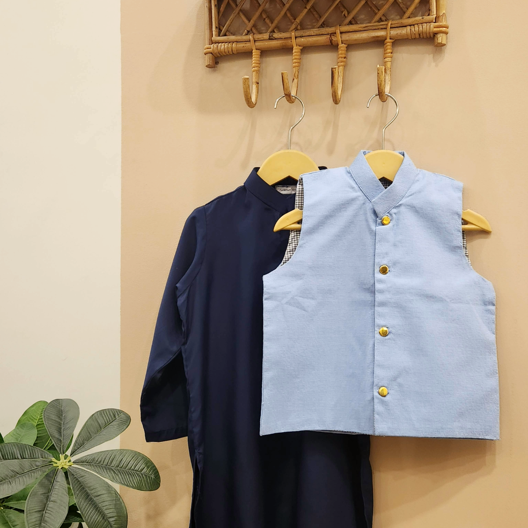 Sky Blue Waistcoat and Navy Blue Kurta with White Trouser