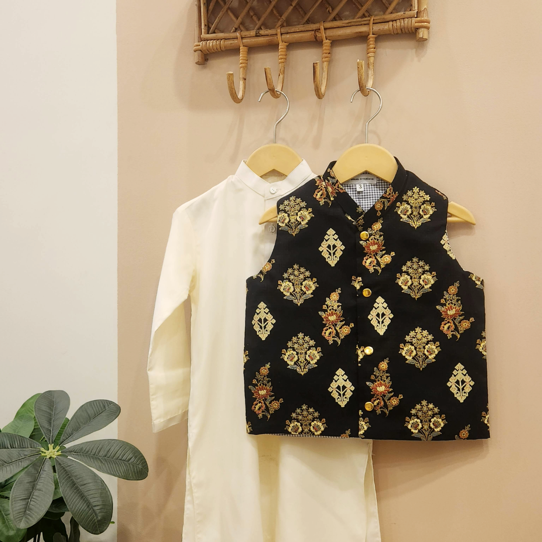Midnight Heritage Waistcoat with White Cotton Kurta Trouser