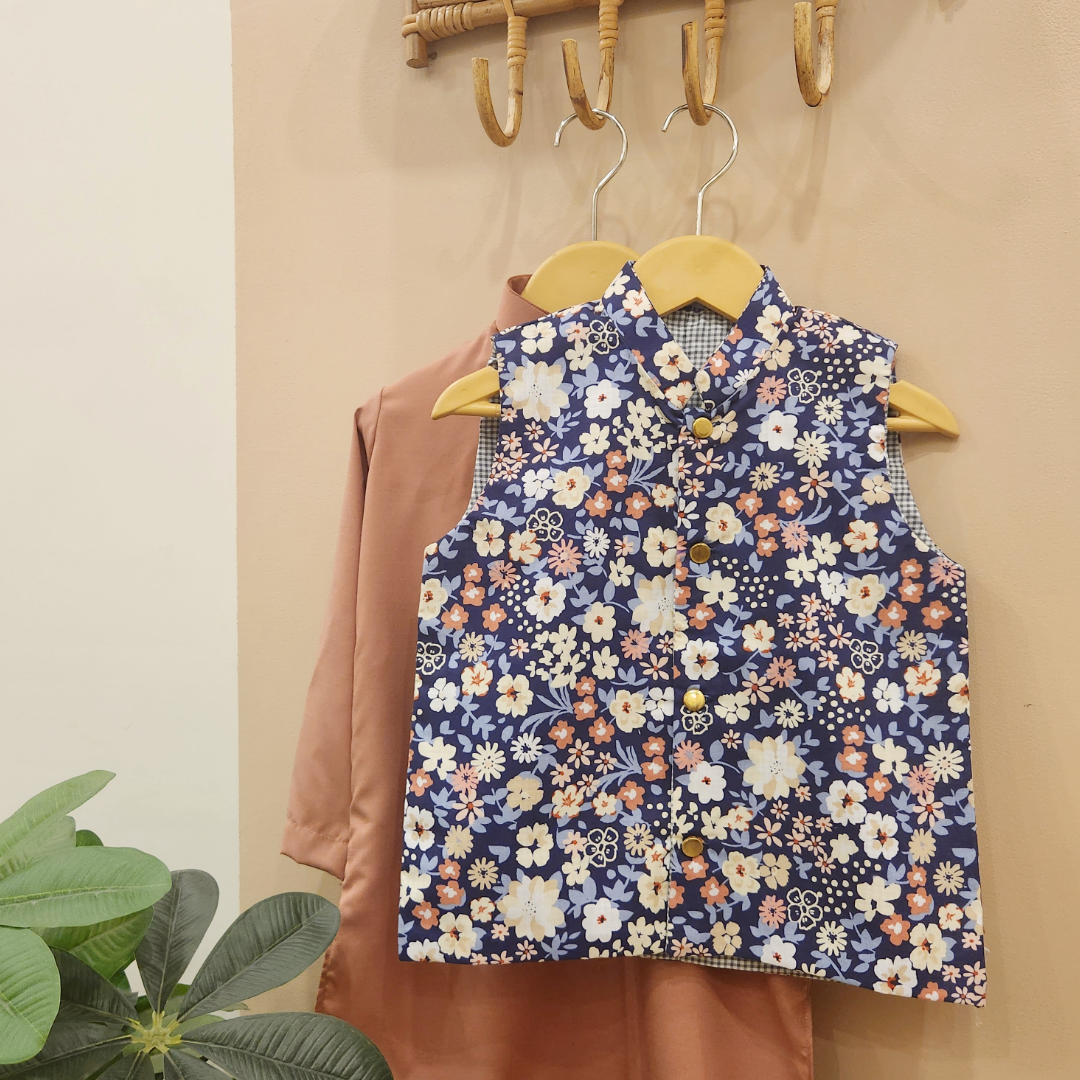 Midnight Floral Waistcoat and Blush Pink Kurta with Trouser