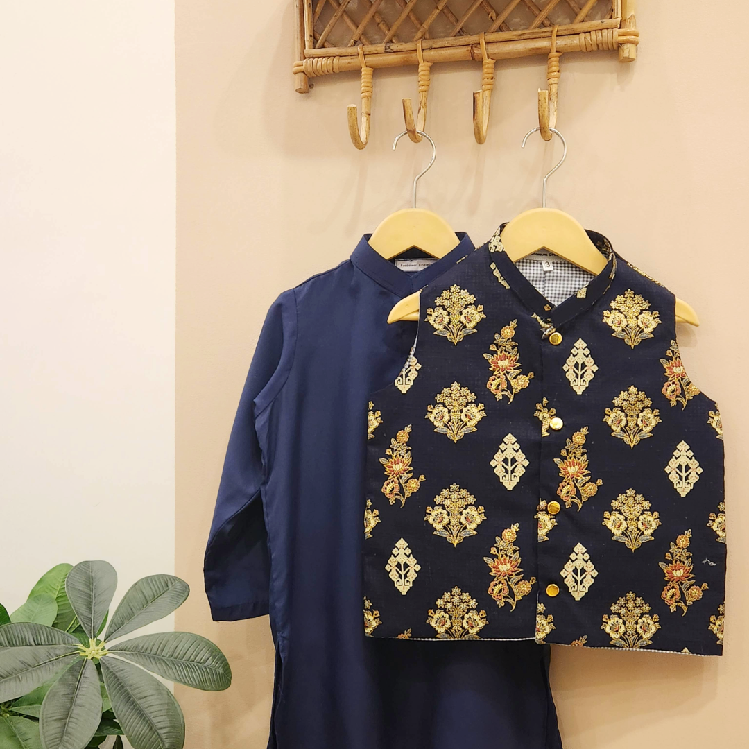 Navy Heritage Waistcoat and Navy Blue Kurta with White Trouser