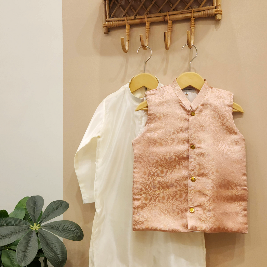 Soft Pink Glam Waistcoat with Cream Silk Kurta and Trouser