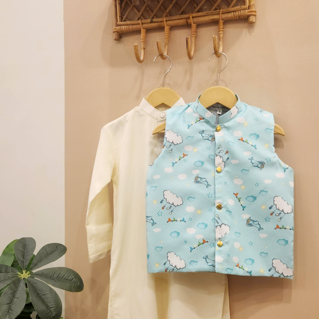 Cloudy Comfort Waistcoat with Cream Kurta Trouser