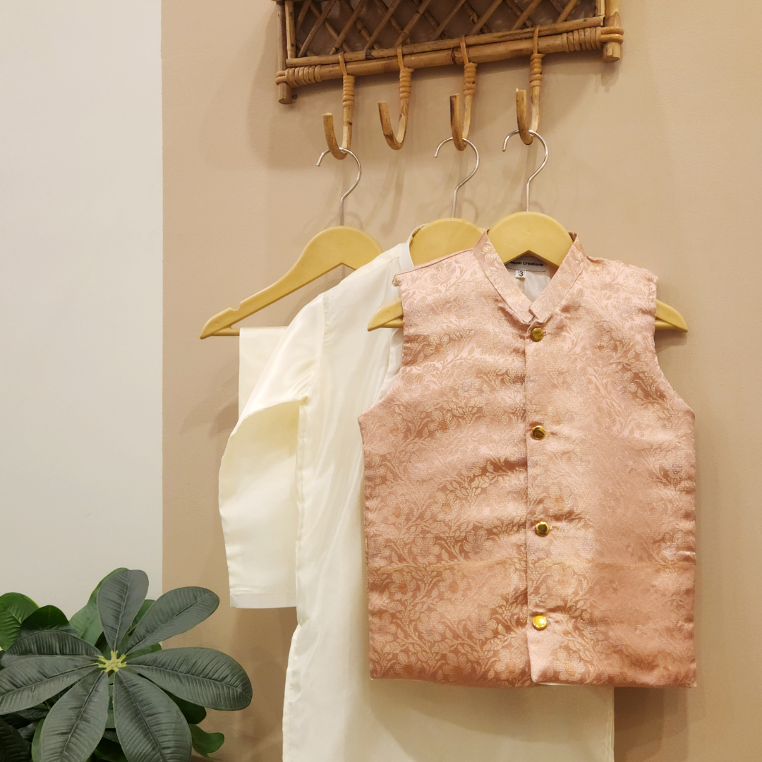 Soft Pink Glam Waistcoat with Cream Silk Kurta and Trouser