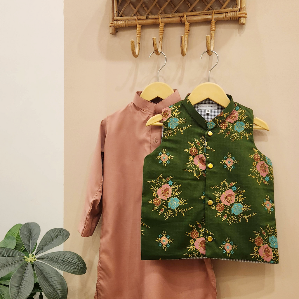 Emerald Blossom Waistcoat with Blush Pink Kurta and White Trouser