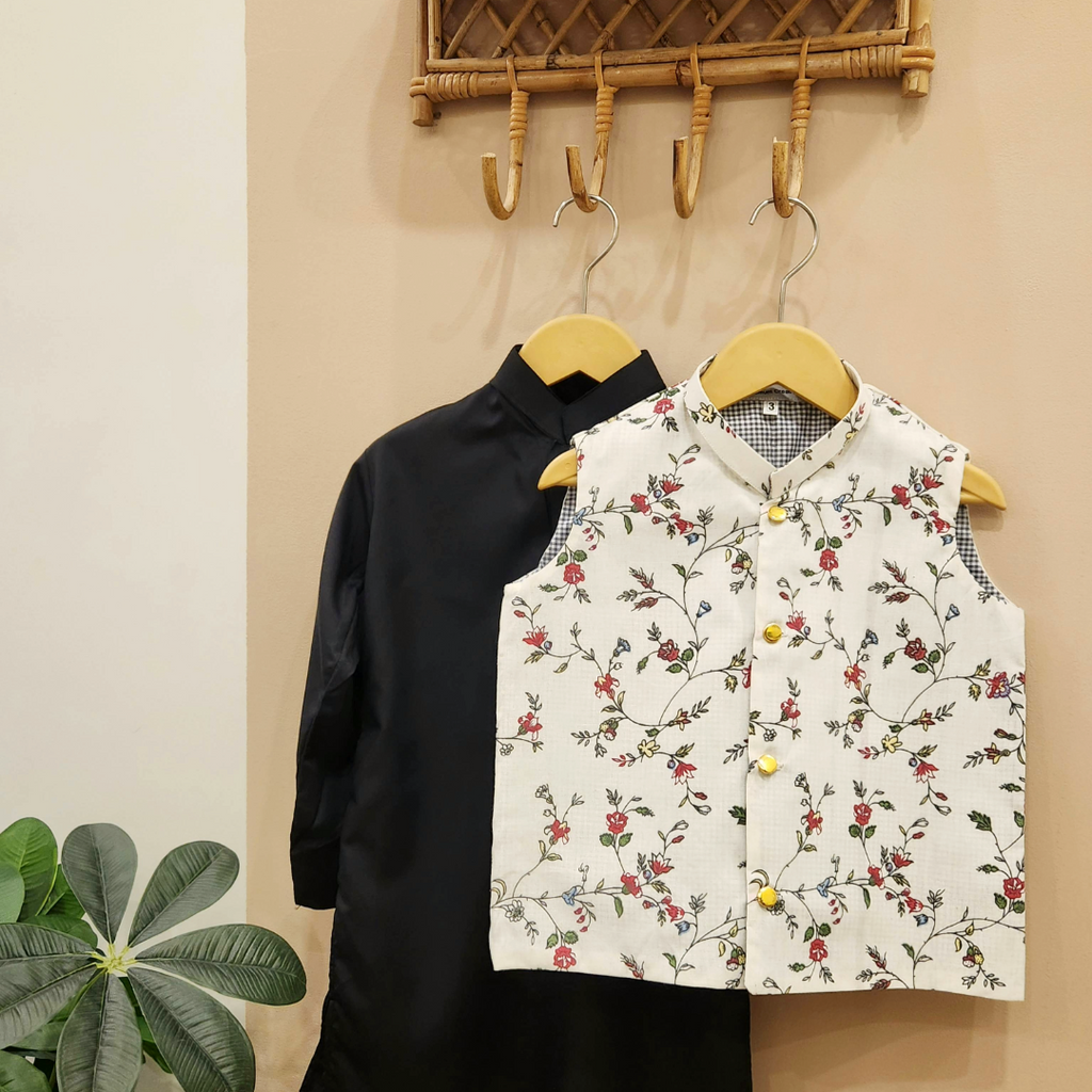 Blossom Whisper Waistcoat with Black Kurta Trouser