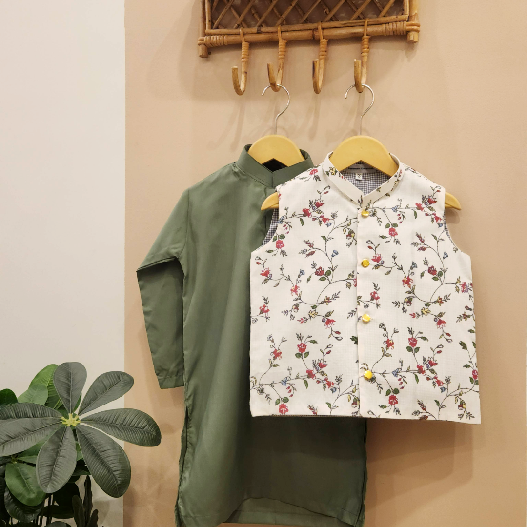 Blossom Garden Waistcoat with Sage Green Kurta and White Trouser