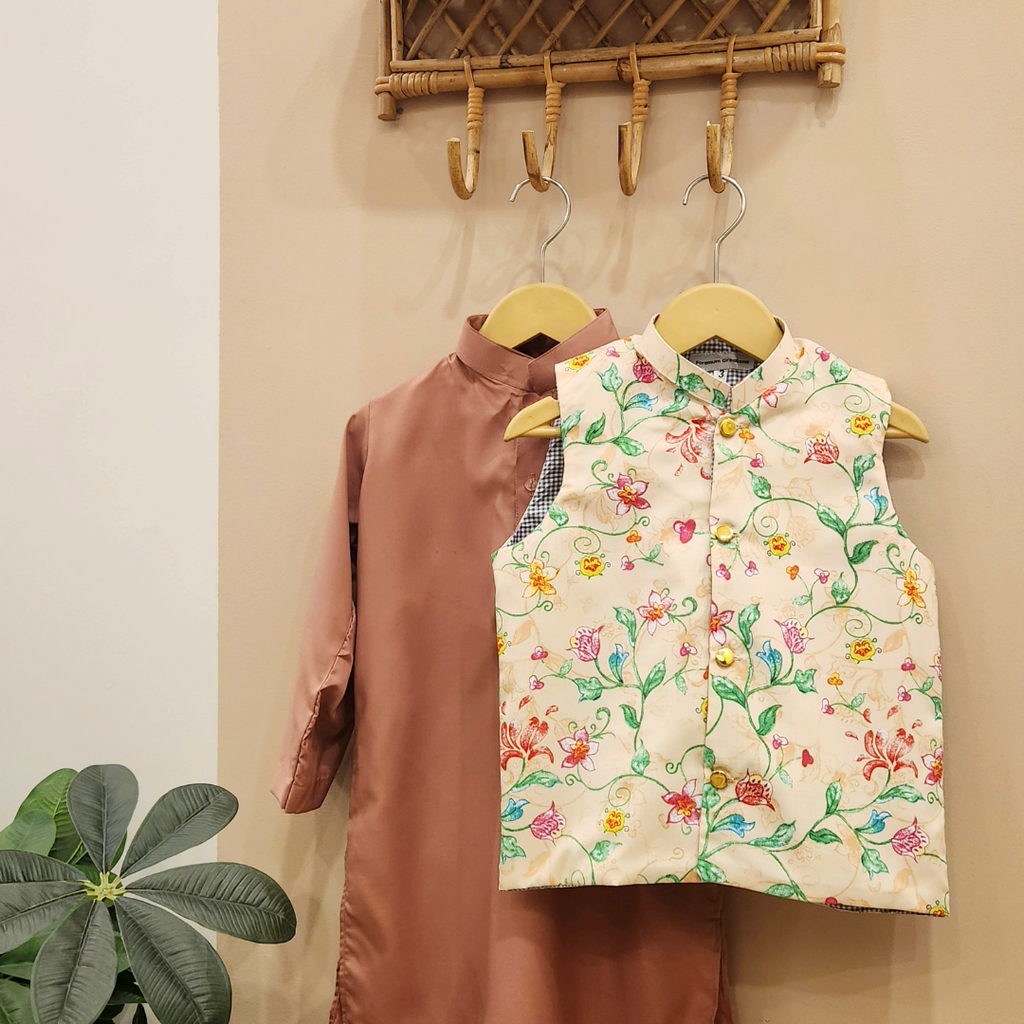 Floral Drift Waistcoat with Blush Pink Kurta and White Trouser