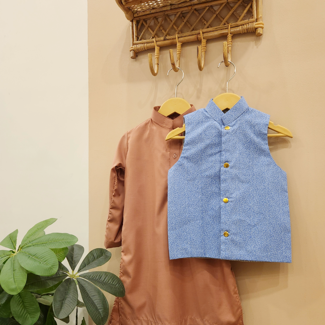 Frosted Blue Speckle Waistcoat and Pink Kurta with Trouser