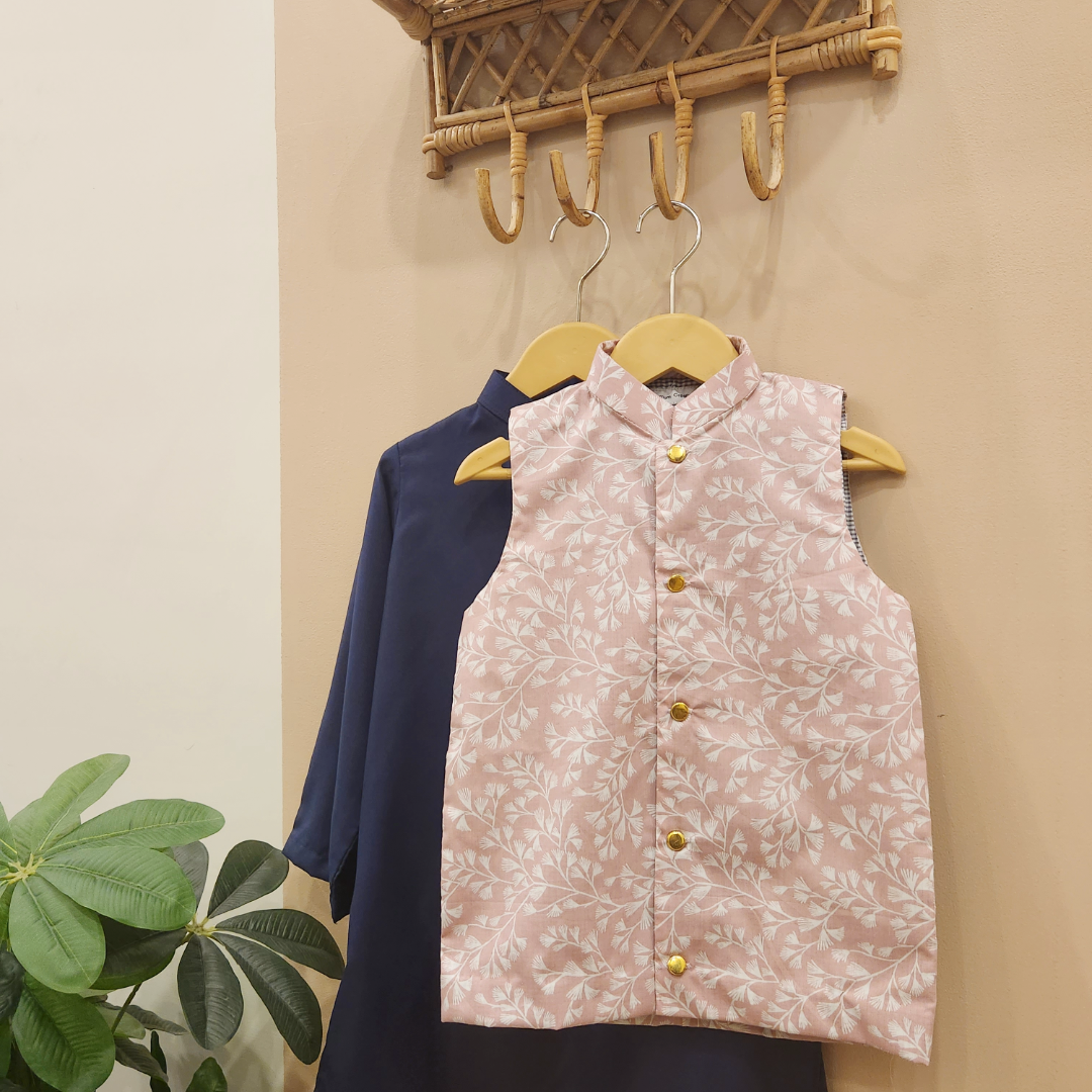 Cherry Blossom Waistcoat and Navy Blue Kurta with Trouser