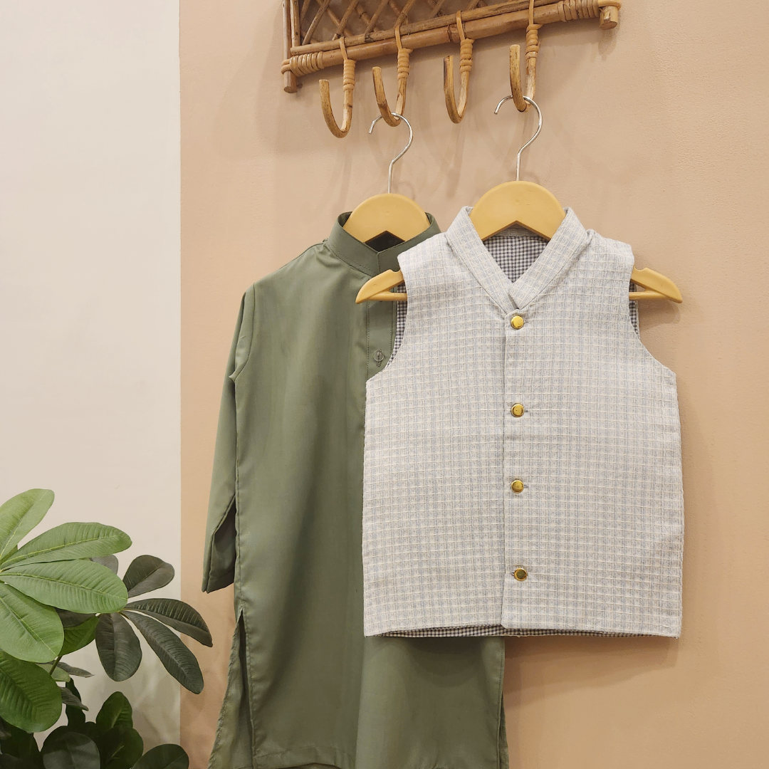 Ice Blue Waistcoat and Sage Green Kurta with Trouser