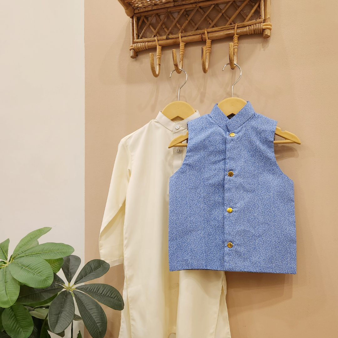 Frosted Blue Speckle Waistcoat and Cream White Kurta with Trouser