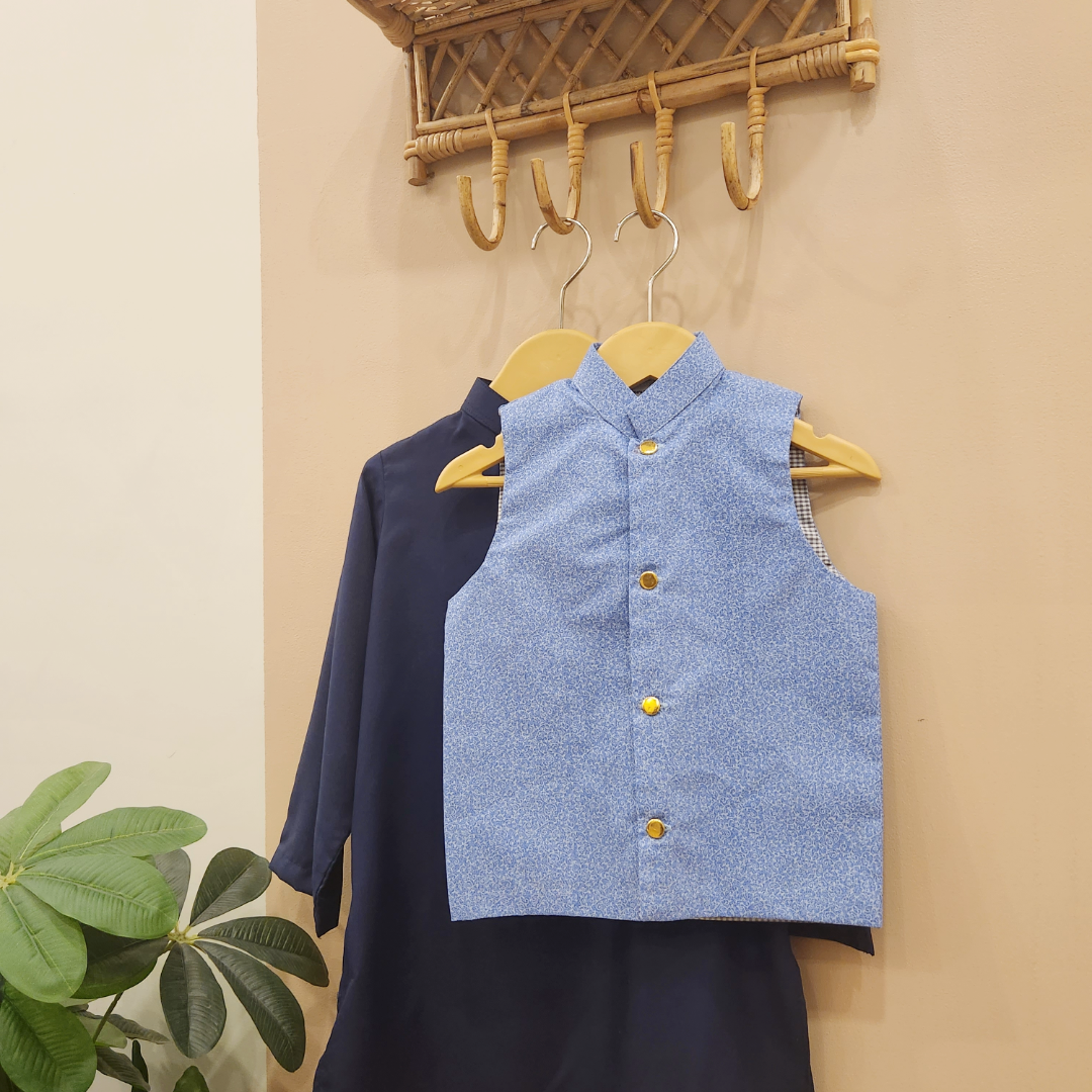 Frosted Blue Speckle Waistcoat and Navy Blue Kurta with Trouser