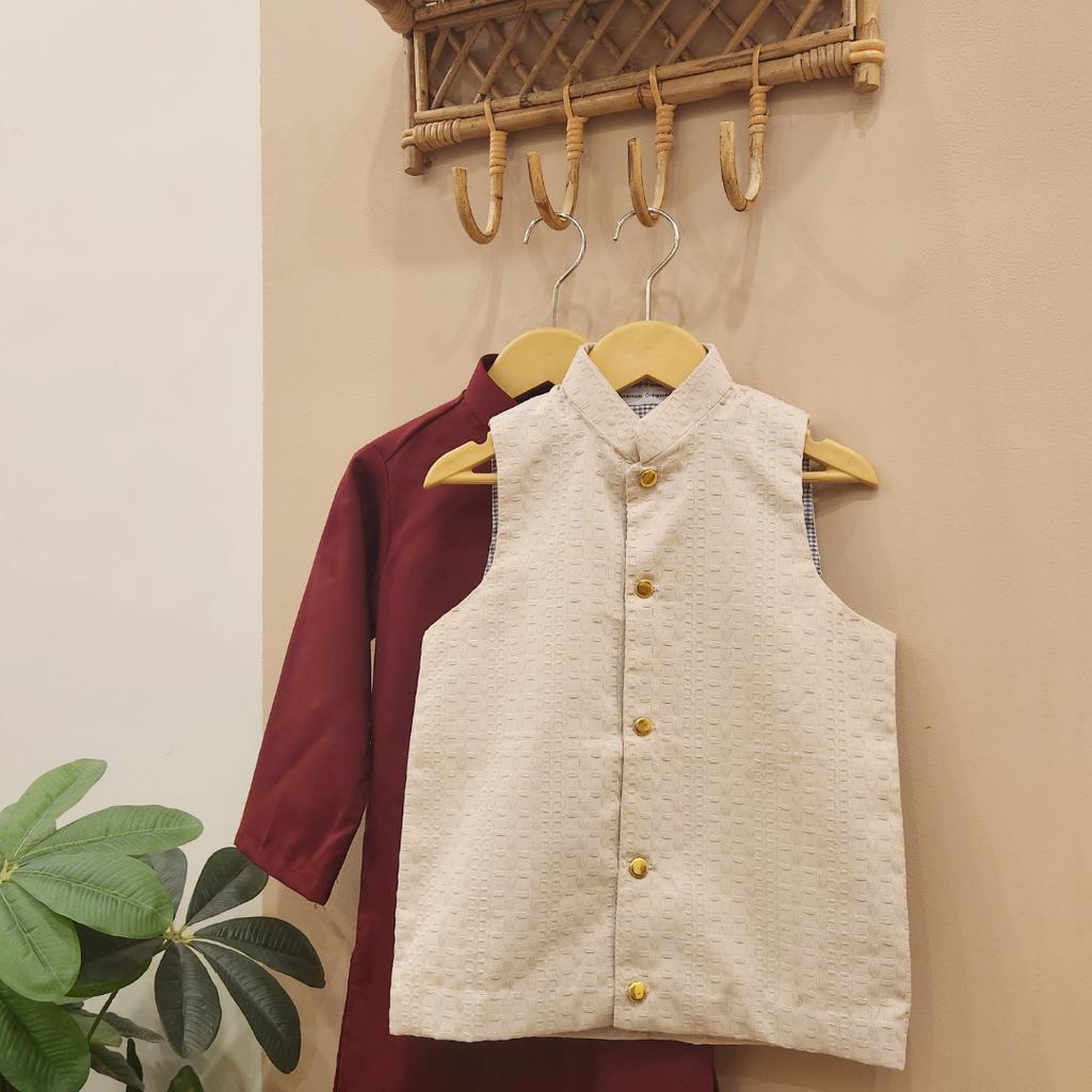 Beige Waistcoat and Maroon Kurta with Trouser