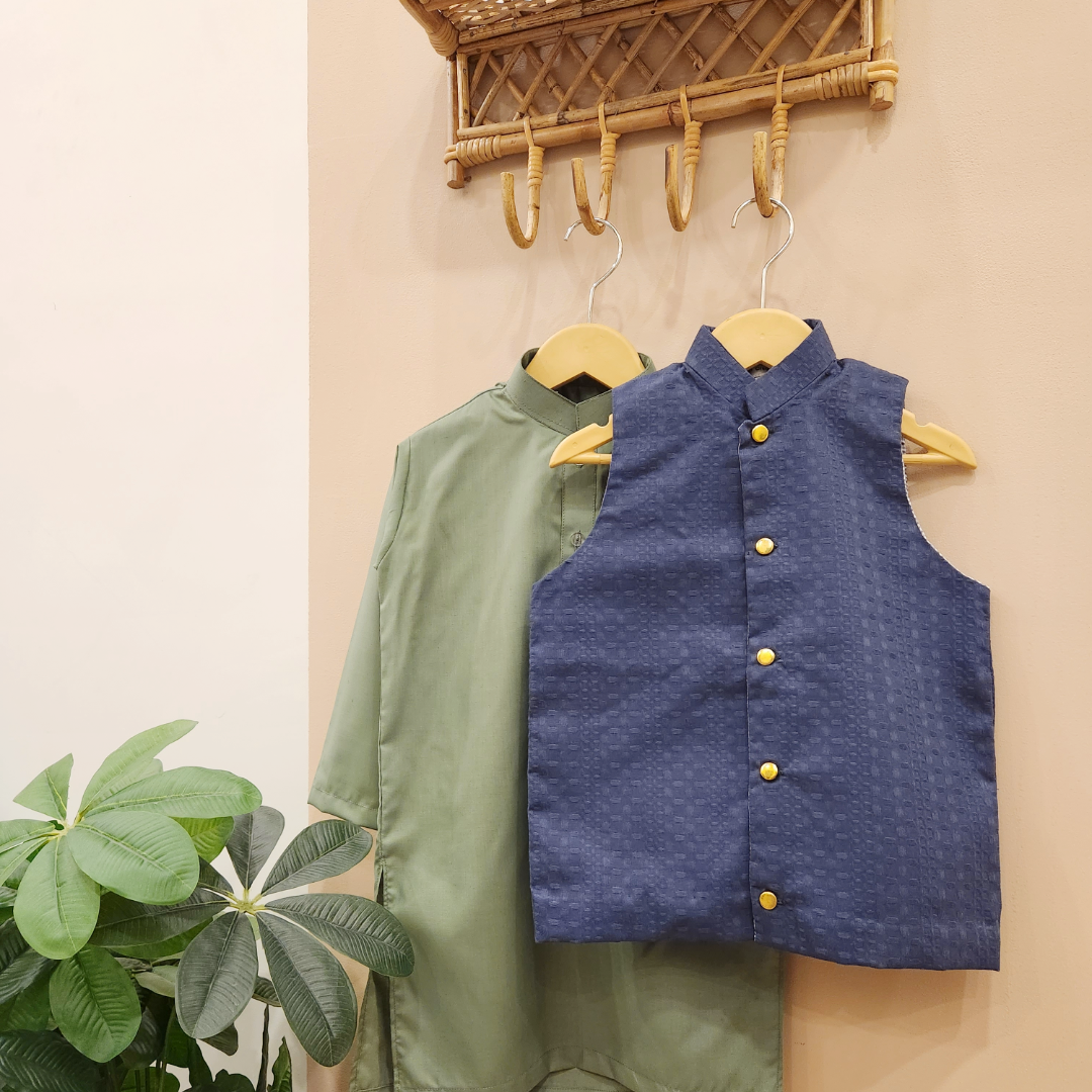 Textured Midnight Blue Waistcoat and Olive Green Kurta with Trouser