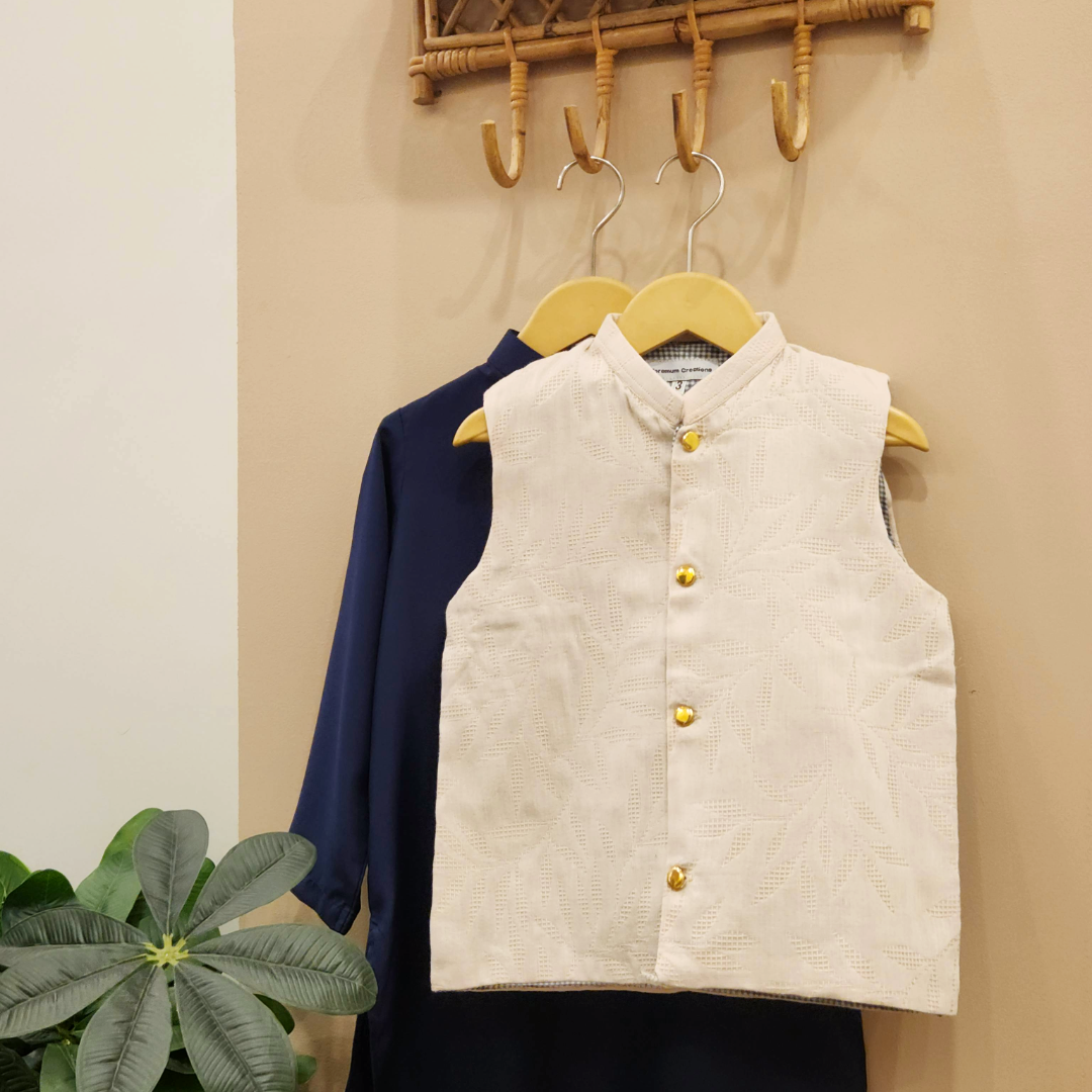 Beige Waistcoat and Navy Blue Kurta Trouser