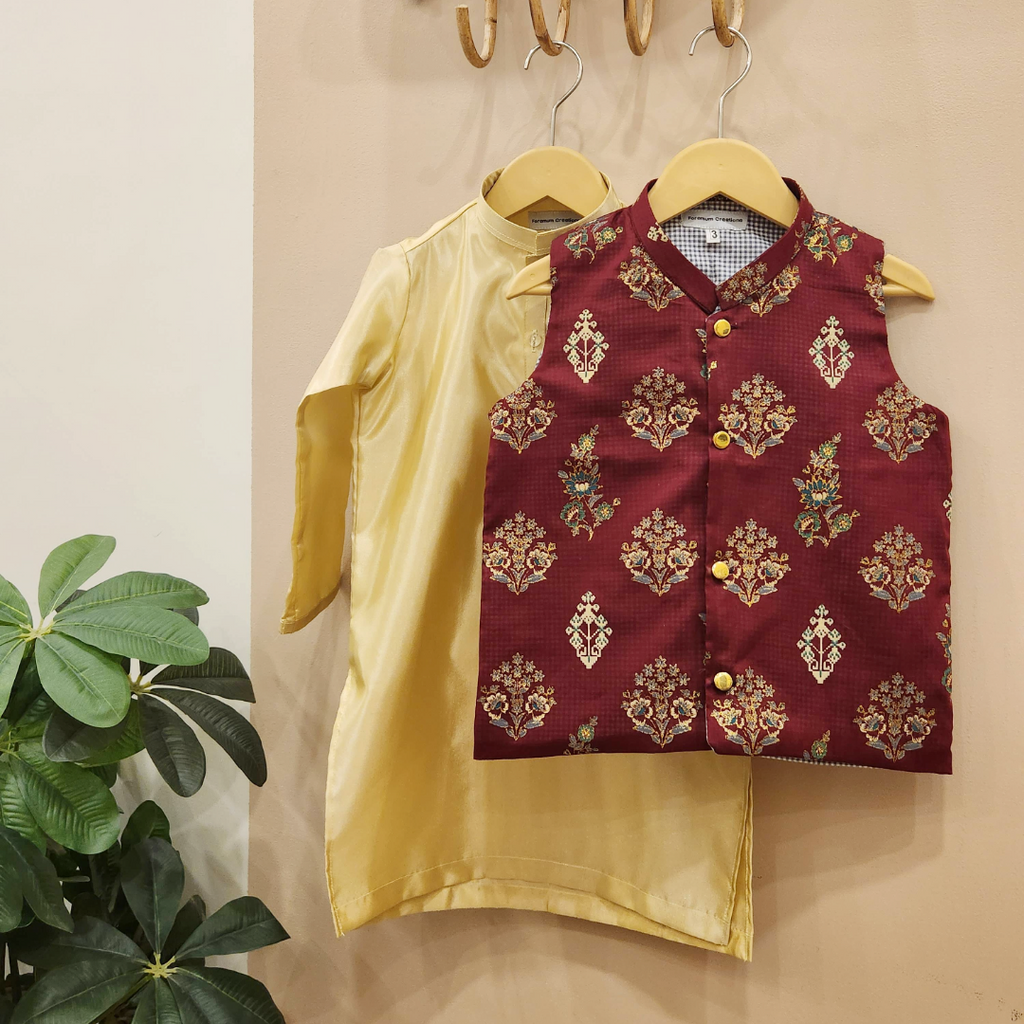 Royal Maroon Waistcoat and Gold Silk Kurta with White Trouser